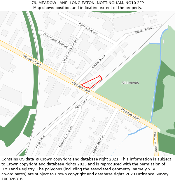 79, MEADOW LANE, LONG EATON, NOTTINGHAM, NG10 2FP: Location map and indicative extent of plot