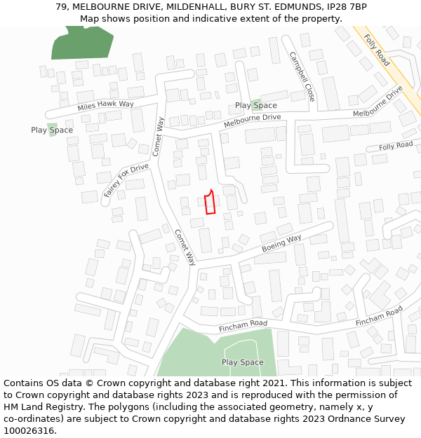 79, MELBOURNE DRIVE, MILDENHALL, BURY ST. EDMUNDS, IP28 7BP: Location map and indicative extent of plot