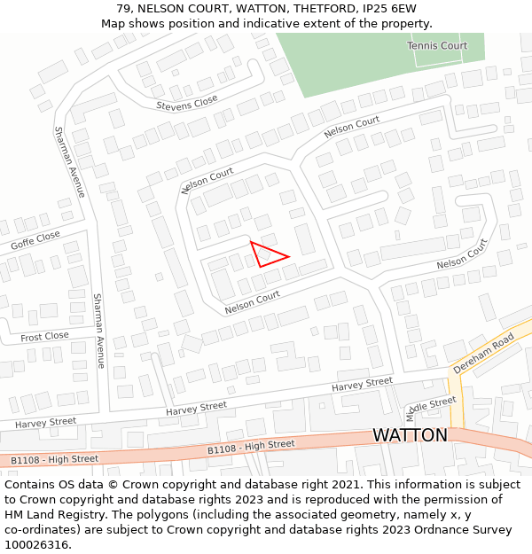 79, NELSON COURT, WATTON, THETFORD, IP25 6EW: Location map and indicative extent of plot