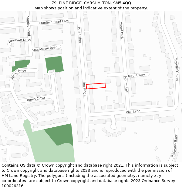 79, PINE RIDGE, CARSHALTON, SM5 4QQ: Location map and indicative extent of plot