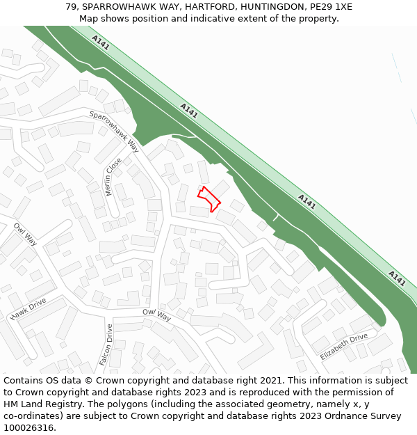 79, SPARROWHAWK WAY, HARTFORD, HUNTINGDON, PE29 1XE: Location map and indicative extent of plot