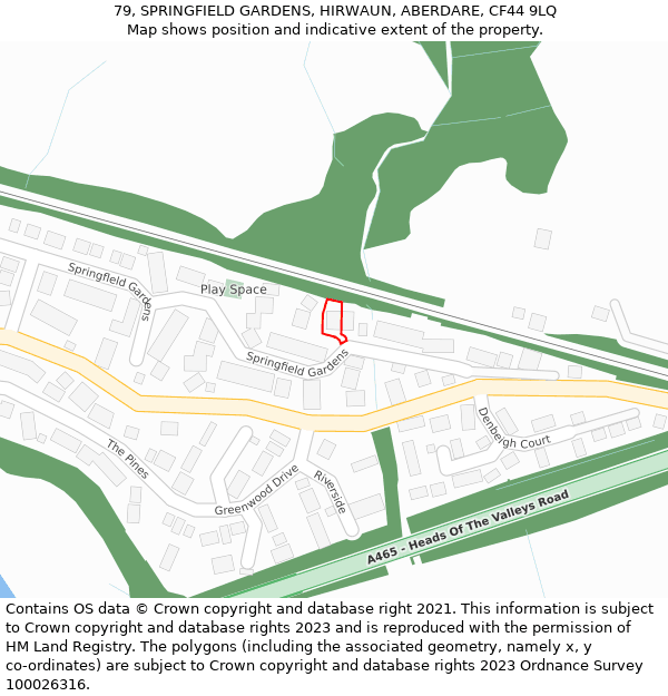 79, SPRINGFIELD GARDENS, HIRWAUN, ABERDARE, CF44 9LQ: Location map and indicative extent of plot