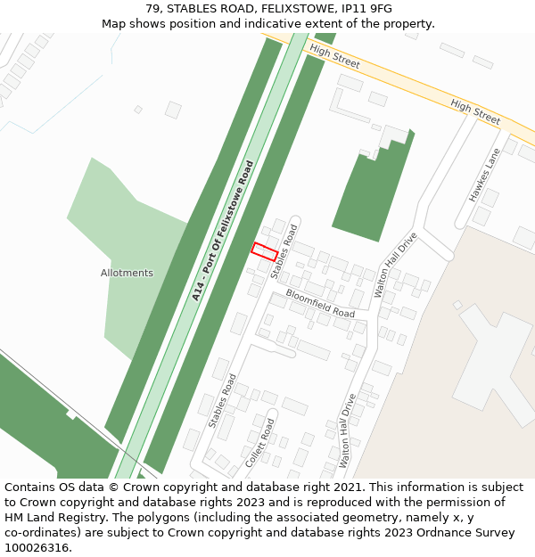 79, STABLES ROAD, FELIXSTOWE, IP11 9FG: Location map and indicative extent of plot