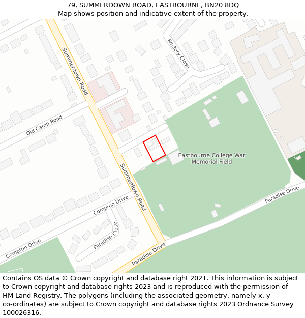79, SUMMERDOWN ROAD, EASTBOURNE, BN20 8DQ: Location map and indicative extent of plot