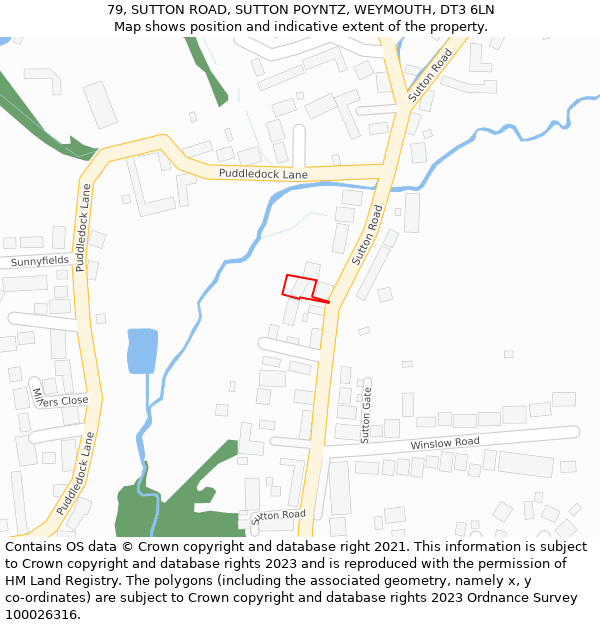 79, SUTTON ROAD, SUTTON POYNTZ, WEYMOUTH, DT3 6LN: Location map and indicative extent of plot