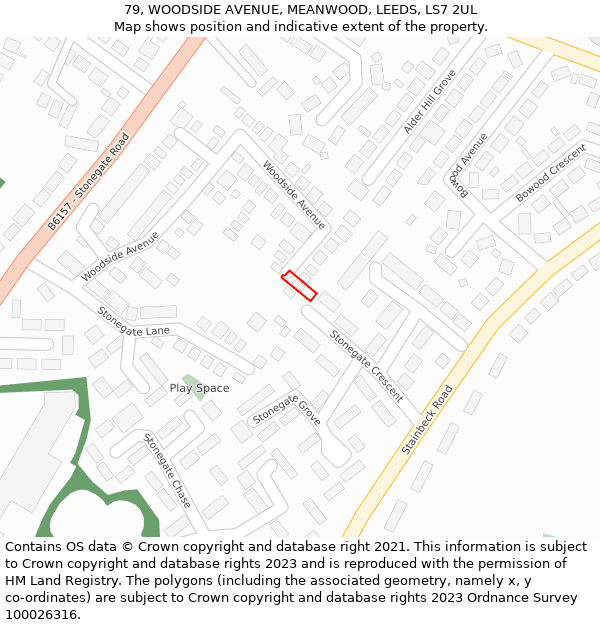 79, WOODSIDE AVENUE, MEANWOOD, LEEDS, LS7 2UL: Location map and indicative extent of plot