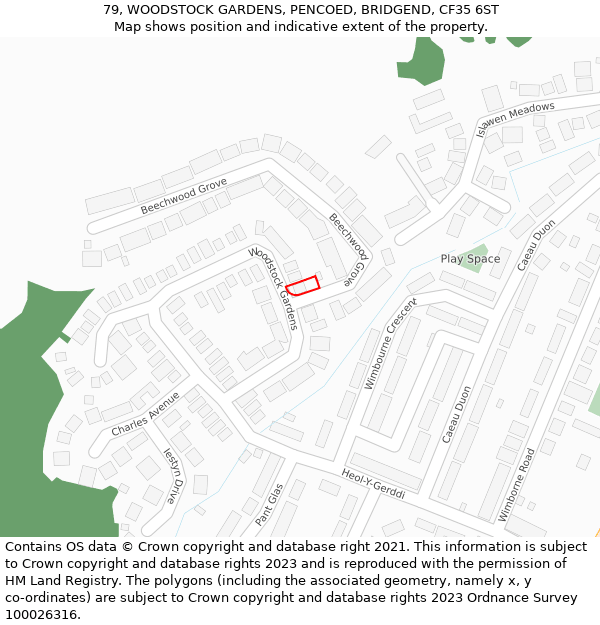 79, WOODSTOCK GARDENS, PENCOED, BRIDGEND, CF35 6ST: Location map and indicative extent of plot