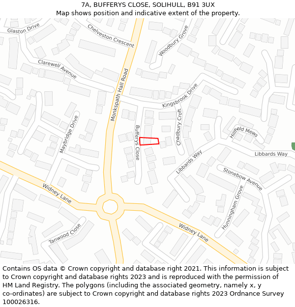 7A, BUFFERYS CLOSE, SOLIHULL, B91 3UX: Location map and indicative extent of plot