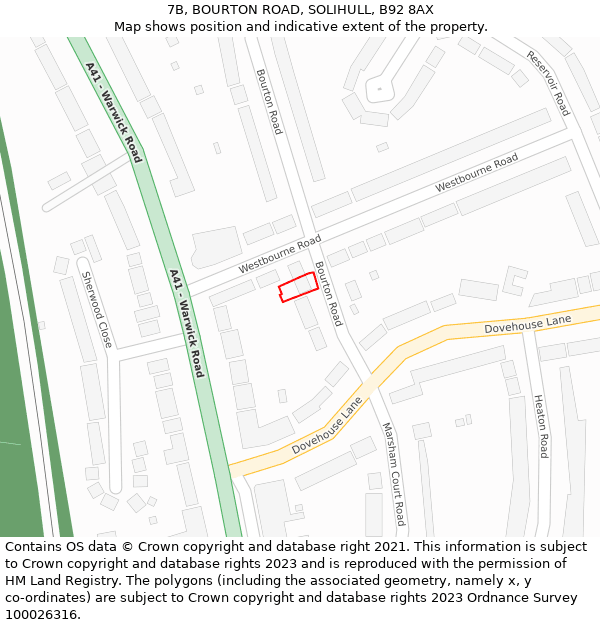 7B, BOURTON ROAD, SOLIHULL, B92 8AX: Location map and indicative extent of plot