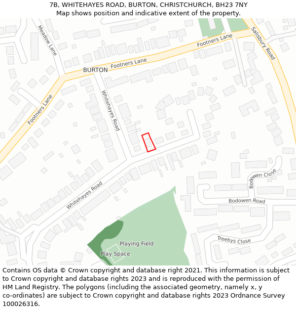 7B, WHITEHAYES ROAD, BURTON, CHRISTCHURCH, BH23 7NY: Location map and indicative extent of plot