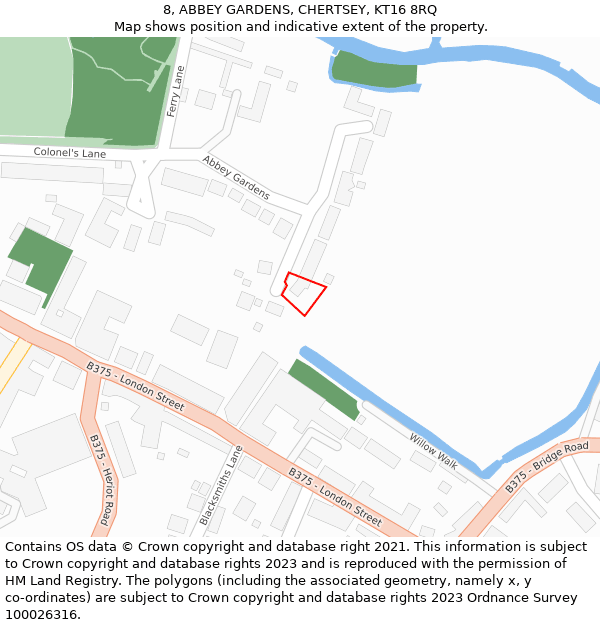 8, ABBEY GARDENS, CHERTSEY, KT16 8RQ: Location map and indicative extent of plot