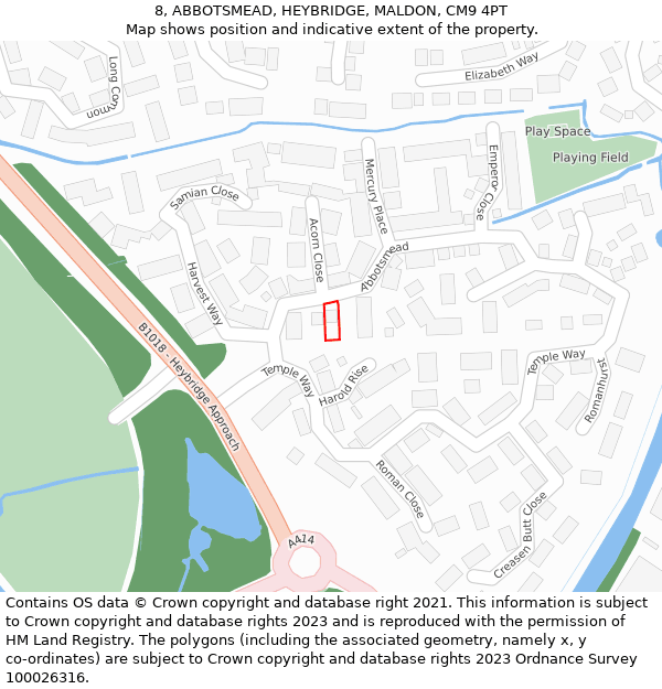 8, ABBOTSMEAD, HEYBRIDGE, MALDON, CM9 4PT: Location map and indicative extent of plot