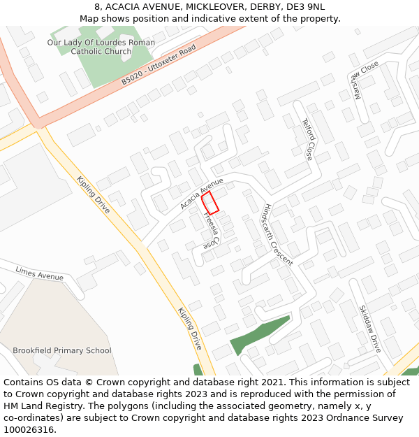 8, ACACIA AVENUE, MICKLEOVER, DERBY, DE3 9NL: Location map and indicative extent of plot