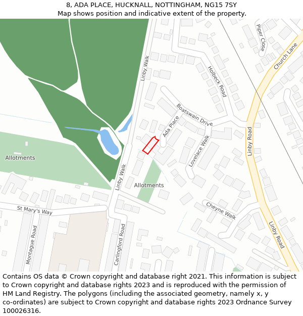 8, ADA PLACE, HUCKNALL, NOTTINGHAM, NG15 7SY: Location map and indicative extent of plot