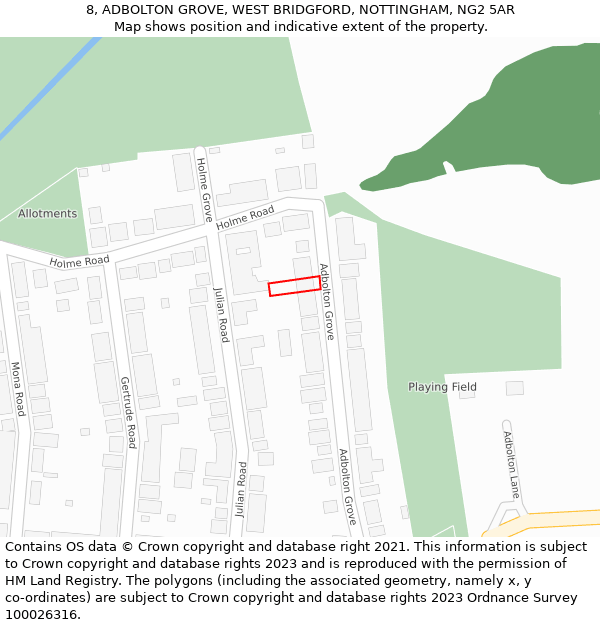 8, ADBOLTON GROVE, WEST BRIDGFORD, NOTTINGHAM, NG2 5AR: Location map and indicative extent of plot