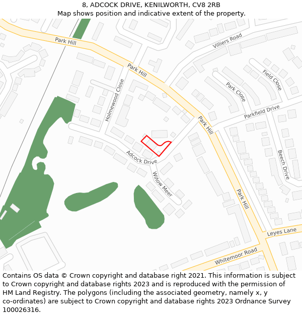 8, ADCOCK DRIVE, KENILWORTH, CV8 2RB: Location map and indicative extent of plot