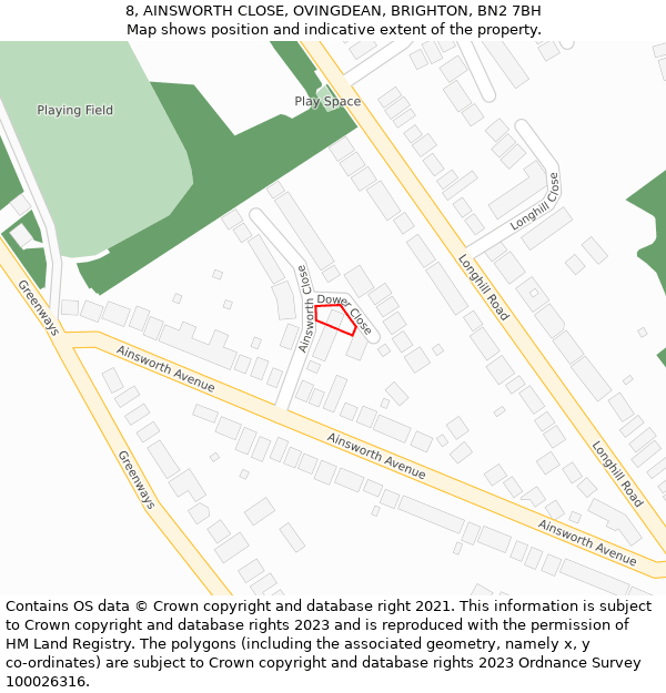 8, AINSWORTH CLOSE, OVINGDEAN, BRIGHTON, BN2 7BH: Location map and indicative extent of plot