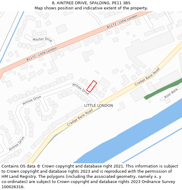 8, AINTREE DRIVE, SPALDING, PE11 3BS: Location map and indicative extent of plot