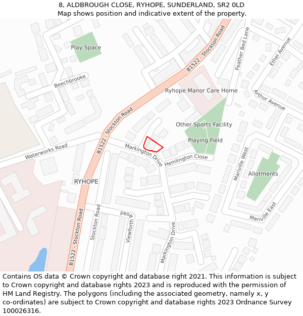 8, ALDBROUGH CLOSE, RYHOPE, SUNDERLAND, SR2 0LD: Location map and indicative extent of plot