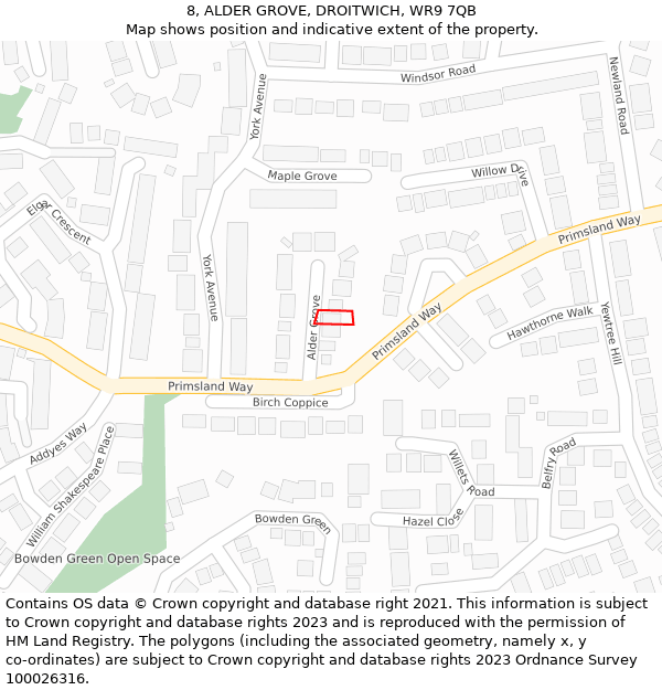 8, ALDER GROVE, DROITWICH, WR9 7QB: Location map and indicative extent of plot