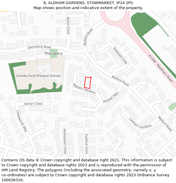 8, ALDHAM GARDENS, STOWMARKET, IP14 2PS: Location map and indicative extent of plot