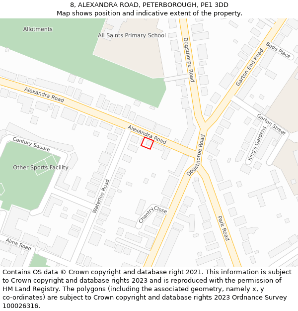 8, ALEXANDRA ROAD, PETERBOROUGH, PE1 3DD: Location map and indicative extent of plot