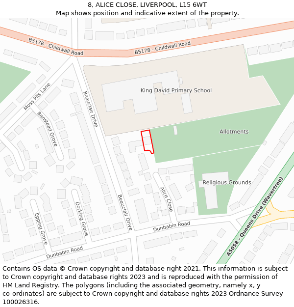 8, ALICE CLOSE, LIVERPOOL, L15 6WT: Location map and indicative extent of plot