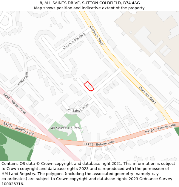 8, ALL SAINTS DRIVE, SUTTON COLDFIELD, B74 4AG: Location map and indicative extent of plot