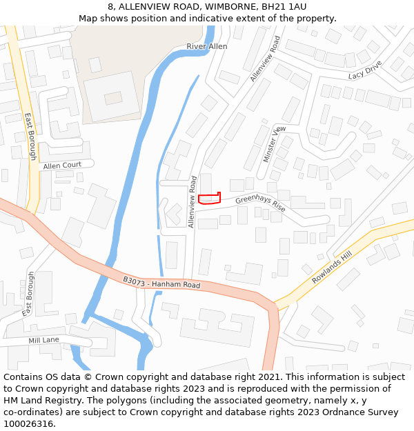 8, ALLENVIEW ROAD, WIMBORNE, BH21 1AU: Location map and indicative extent of plot