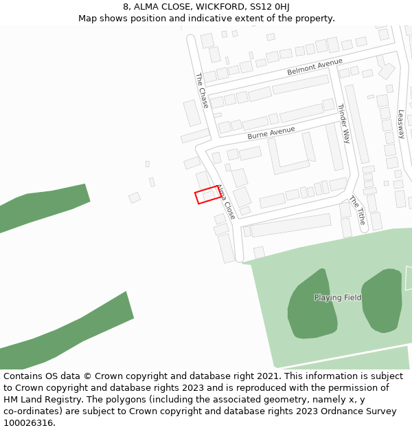 8, ALMA CLOSE, WICKFORD, SS12 0HJ: Location map and indicative extent of plot