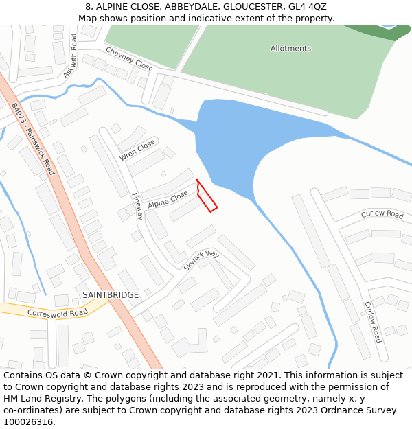 8, ALPINE CLOSE, ABBEYDALE, GLOUCESTER, GL4 4QZ: Location map and indicative extent of plot