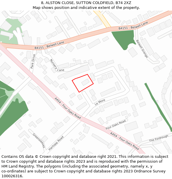 8, ALSTON CLOSE, SUTTON COLDFIELD, B74 2XZ: Location map and indicative extent of plot