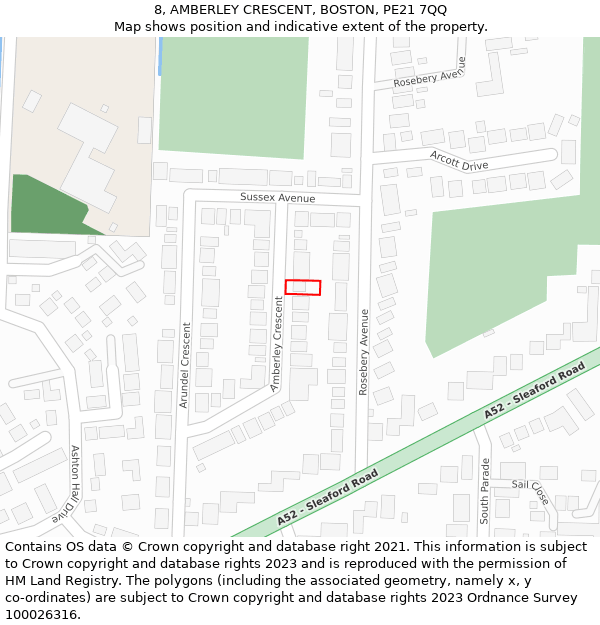 8, AMBERLEY CRESCENT, BOSTON, PE21 7QQ: Location map and indicative extent of plot