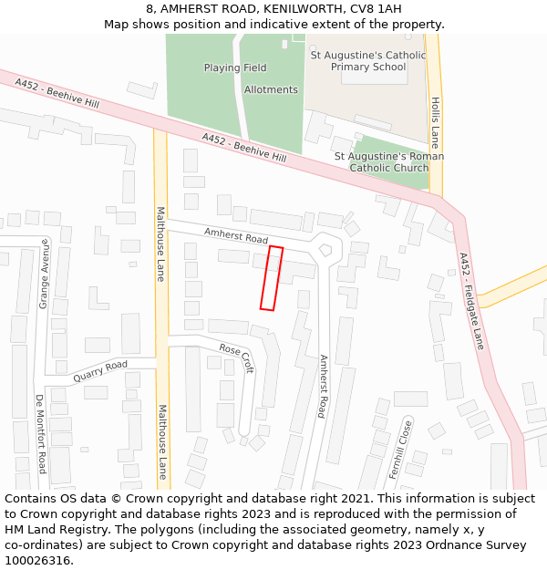 8, AMHERST ROAD, KENILWORTH, CV8 1AH: Location map and indicative extent of plot