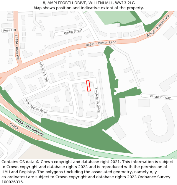 8, AMPLEFORTH DRIVE, WILLENHALL, WV13 2LG: Location map and indicative extent of plot