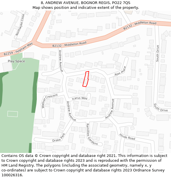 8, ANDREW AVENUE, BOGNOR REGIS, PO22 7QS: Location map and indicative extent of plot