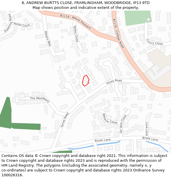 8, ANDREW BURTTS CLOSE, FRAMLINGHAM, WOODBRIDGE, IP13 9TD: Location map and indicative extent of plot