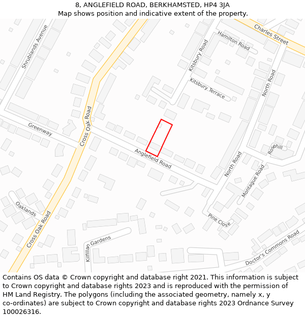 8, ANGLEFIELD ROAD, BERKHAMSTED, HP4 3JA: Location map and indicative extent of plot