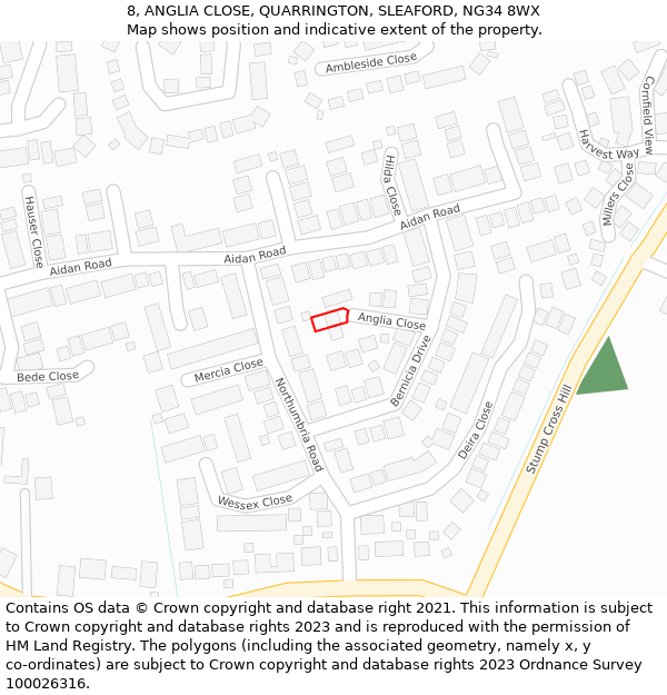 8, ANGLIA CLOSE, QUARRINGTON, SLEAFORD, NG34 8WX: Location map and indicative extent of plot