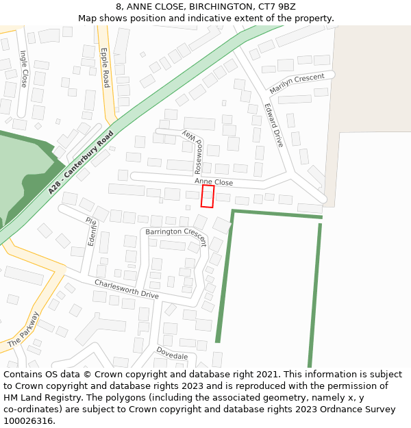 8, ANNE CLOSE, BIRCHINGTON, CT7 9BZ: Location map and indicative extent of plot