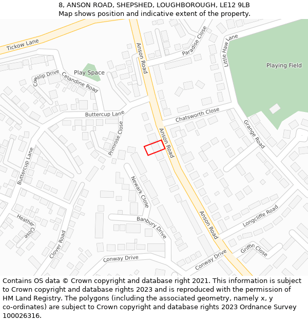 8, ANSON ROAD, SHEPSHED, LOUGHBOROUGH, LE12 9LB: Location map and indicative extent of plot