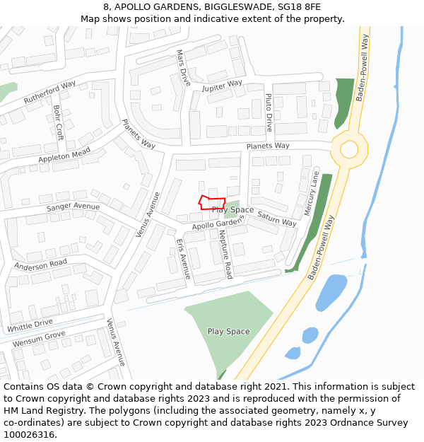 8, APOLLO GARDENS, BIGGLESWADE, SG18 8FE: Location map and indicative extent of plot