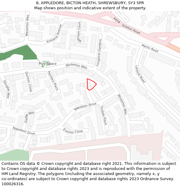 8, APPLEDORE, BICTON HEATH, SHREWSBURY, SY3 5PR: Location map and indicative extent of plot