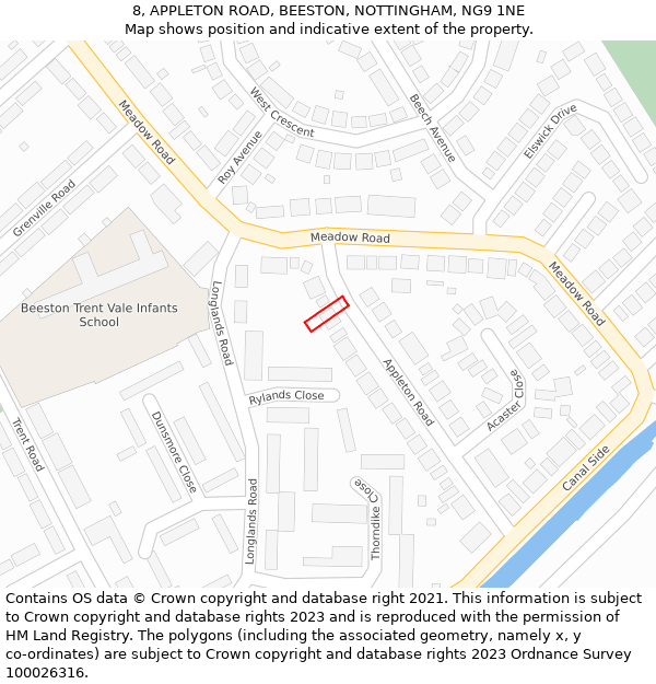 8, APPLETON ROAD, BEESTON, NOTTINGHAM, NG9 1NE: Location map and indicative extent of plot