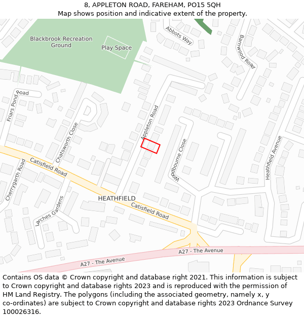 8, APPLETON ROAD, FAREHAM, PO15 5QH: Location map and indicative extent of plot