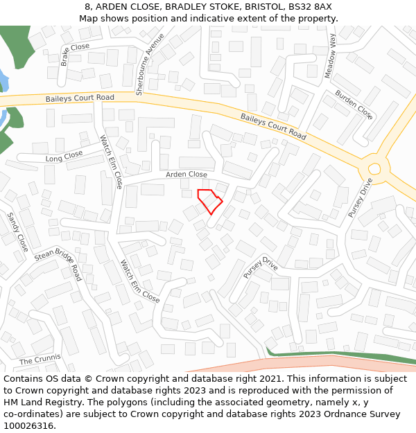 8, ARDEN CLOSE, BRADLEY STOKE, BRISTOL, BS32 8AX: Location map and indicative extent of plot