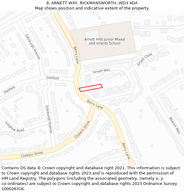 8, ARNETT WAY, RICKMANSWORTH, WD3 4DA: Location map and indicative extent of plot