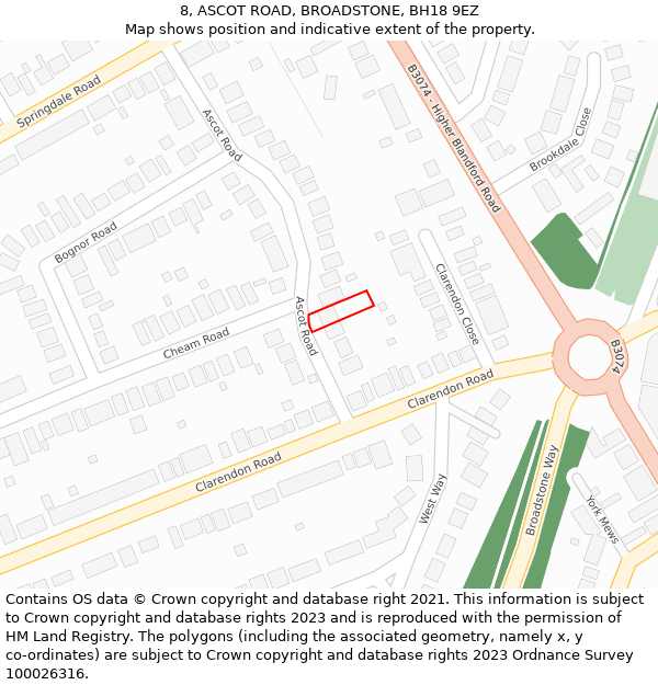 8, ASCOT ROAD, BROADSTONE, BH18 9EZ: Location map and indicative extent of plot