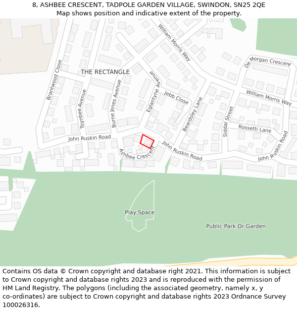 8, ASHBEE CRESCENT, TADPOLE GARDEN VILLAGE, SWINDON, SN25 2QE: Location map and indicative extent of plot