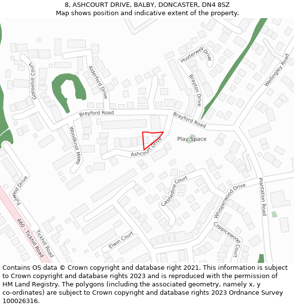 8, ASHCOURT DRIVE, BALBY, DONCASTER, DN4 8SZ: Location map and indicative extent of plot